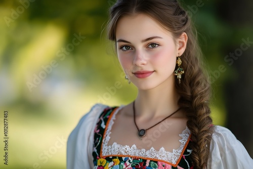 A young woman in traditional attire with a serene expression outdoors.