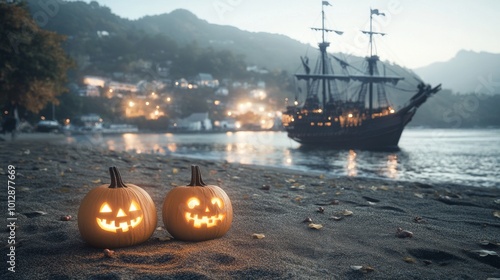 A Halloween party in a steampunk airship glowing pumpkins shaped like gears photo