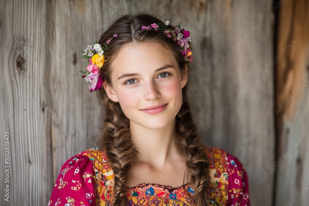 A young girl with flowers in her hair, smiling against a wooden backdrop. A young girl with flowers in her hair, smiling against a wooden backdrop.