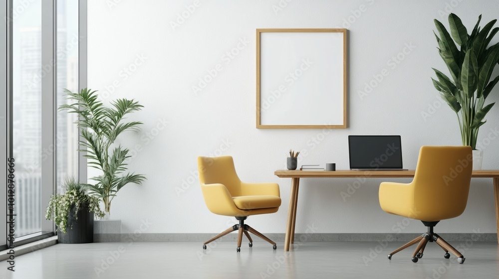 Fototapeta premium Modern office interior with yellow chairs, a table, and large windows.