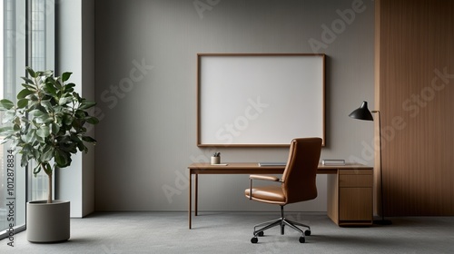 Modern office space with a desk, chair, and indoor plant against a minimalist backdrop.