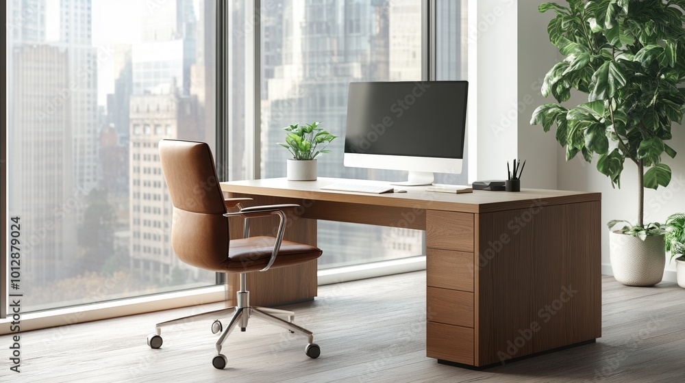 Modern office workspace with a desk, chair, and computer near large windows. Modern office workspace with a desk, chair, and computer near large windows.