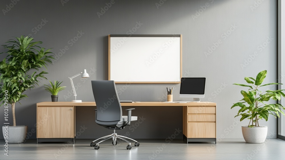 Modern office workspace with chair, desk, plants, and computer on a neutral background. Modern office workspace with chair, desk, plants, and computer on a neutral background.
