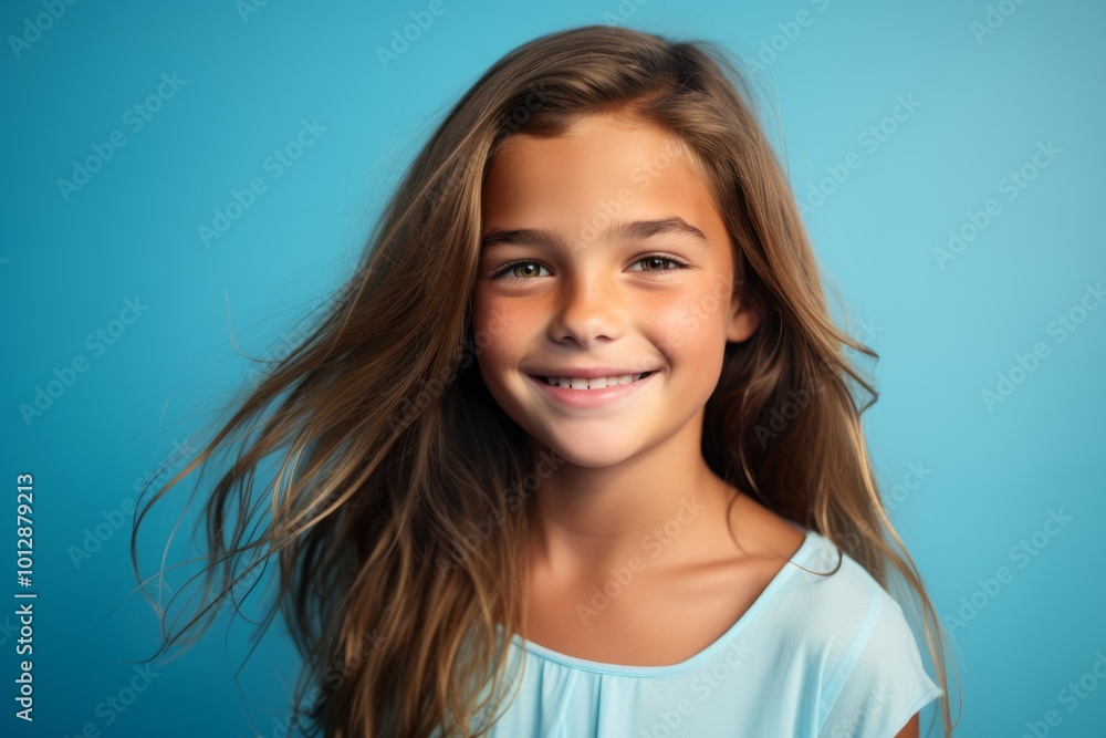 Portrait of a cute little girl with long hair on blue background Portrait of a cute little girl with long hair on blue background