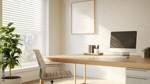 Modern office workspace with desk, computer, and plant, bright natural light.