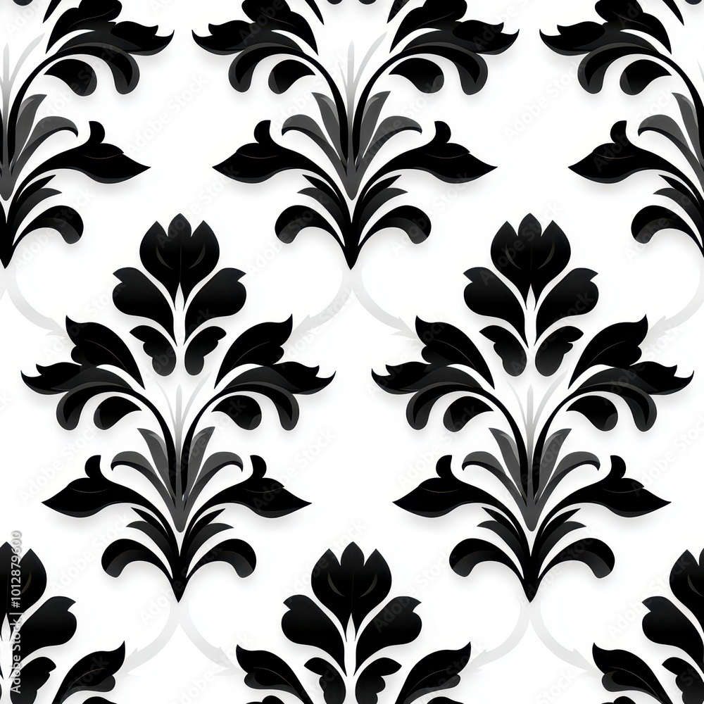 A sophisticated black and white floral pattern featuring ornate designs, perfect for wallpaper or textile applications. A sophisticated black and white floral pattern featuring ornate designs, perfect for wallpaper or textile applications.