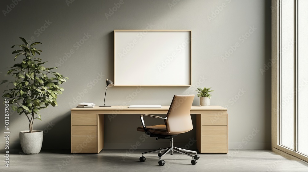 Modern workspace with a desk, chair, plant, and empty frame on the wall. Modern workspace with a desk, chair, plant, and empty frame on the wall.