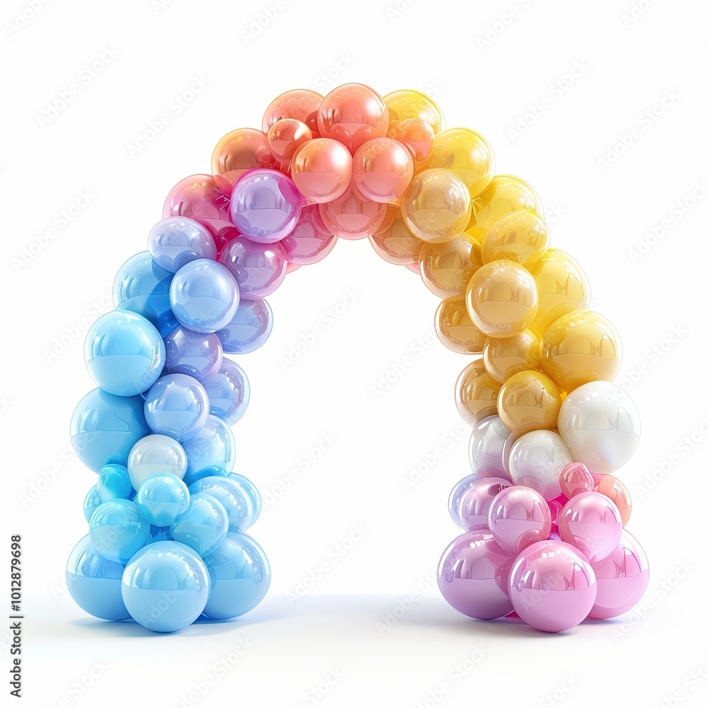 Fototapeta premium Colorful Pastel Balloon Arch for Celebrations, Vibrant balloon arch in pastel colors, featuring shades of blue, pink, yellow, and purple, ideal for festive events and parties.