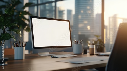 Wallpaper Mural Modern workspace with a computer and urban skyline view in the background. Torontodigital.ca
