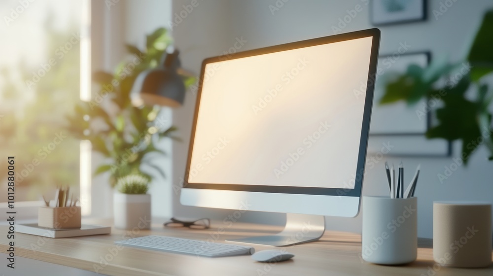 Modern workspace with computer, plants, and stationery in a bright setting. Modern workspace with computer, plants, and stationery in a bright setting.