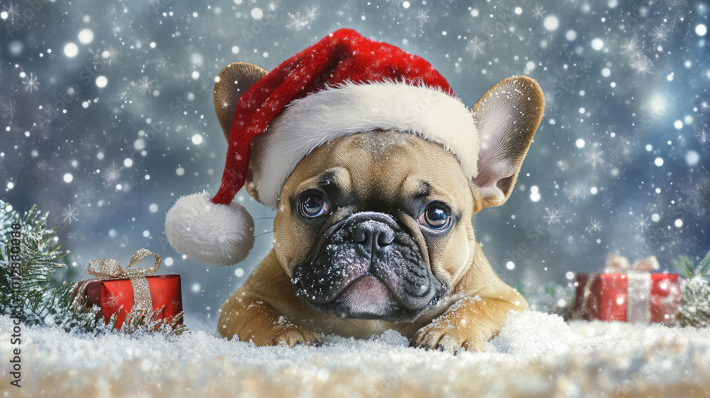 A French Bulldog wearing a Santa hat, joyfully nestled in a clean, festive Christmas scene with snowflakes falling gently around. A French Bulldog wearing a Santa hat, joyfully nestled in a clean, festive Christmas scene with snowflakes falling gently around.