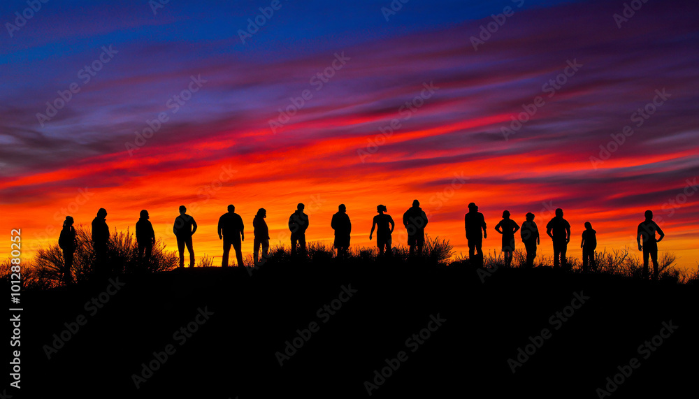 Fototapeta premium Capture individuals in silhouette form against the rising sun, emphasizing the beauty of their shape and the vibrant sky