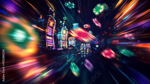 Futuristic casino scene with slot machines and poker chips swirling in a neon-lit environment. The dynamic, fast-moving elements emphasize the excitement and high stakes of the gambling world.. AI