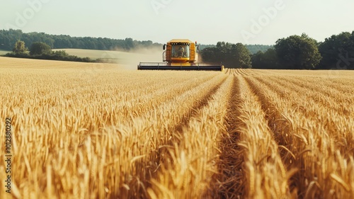 A yellow harvester cuts through golden wheat fields under a clear sky, emphasizing agricultural productivity and rural landscapes. photo