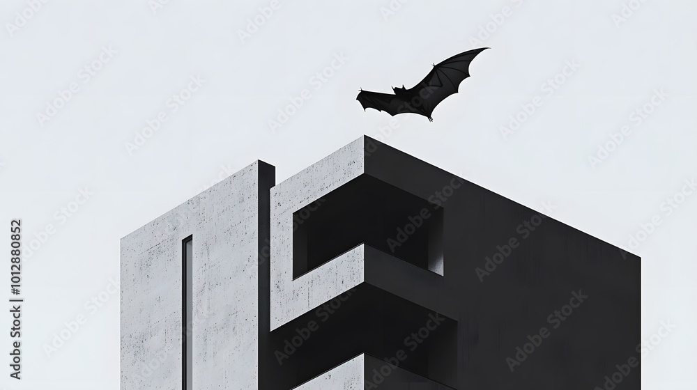 A sleek, modern building with a bat flying above it, creating an eerie atmosphere. A sleek, modern building with a bat flying above it, creating an eerie atmosphere.