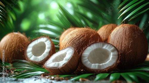 Fresh coconuts. The coconuts including both whole coconuts with their tough, fibrous brown husks and some halved coconuts to reveal the bright white flesh inside.