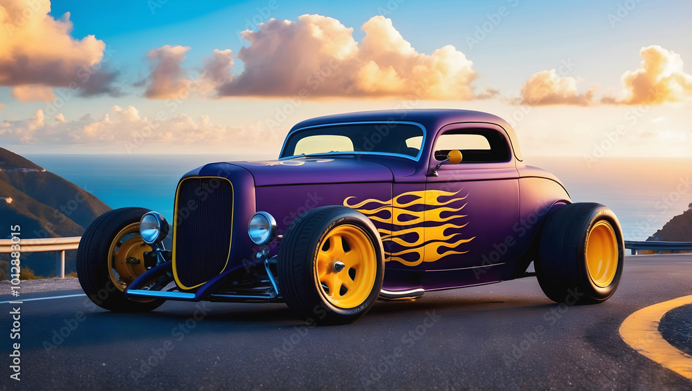 Beautiful unique vintage hot rod car with fire, automotive background, tuning template, parked on road with ocean view
