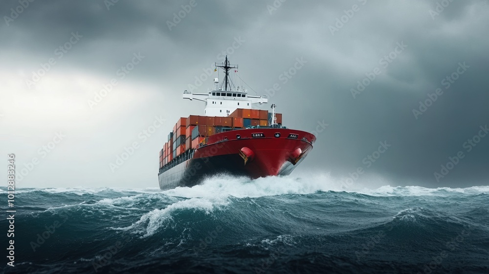 Cargo ship navigating turbulent waters under a stormy sky. Cargo ship navigating turbulent waters under a stormy sky.