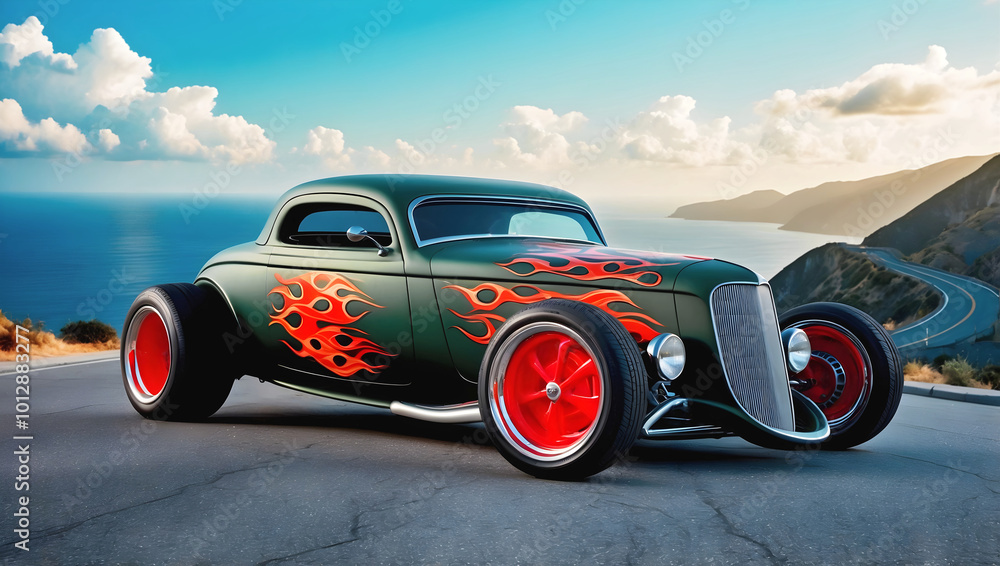 Beautiful unique vintage hot rod car with fire, automotive background, tuning template, parked on road with ocean view