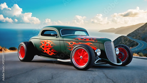 Obraz na płótnie Beautiful unique vintage hot rod car with fire, automotive background, tuning template, parked on road with ocean view w salonie