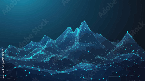 Futuristic Digital Mountain Range with Glowing Light Dots - Big Data Visualization Concept in Low Poly Wireframe on Technology Blue Background