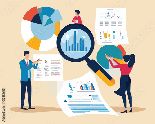 Business Market Research Team Analyzing Data and Charts for Product Launch and Competitor Analysis, Flat Minimalist SVG Vector Illustration