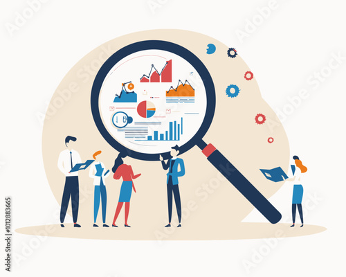 Flat minimalist vector of businessman analyzing user behavior with magnifier for customer research in marketing, data analysis illustration