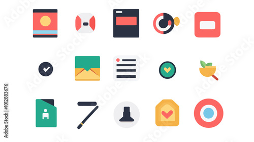 Colorful Lush Flat Vector Icons Set for Web and Mobile UI Design, Communication, and Multimedia Applications, Featuring Email, Notification, Settings, User Interface, and Menu Elements