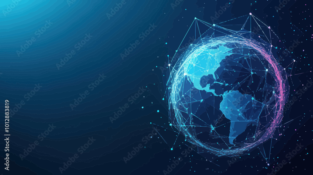 Futuristic Polygonal Low Poly Planet Earth with Connecting Dots and Lines, Abstract Wireframe Space Network Illustration for Global Connectivity Concept Futuristic Polygonal Low Poly Planet Earth with Connecting Dots and Lines, Abstract Wireframe Space Network Illustration for Global Connectivity Concept