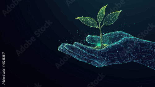 Abstract Digital Hands Protecting Growing Plant, Low Poly Wireframe Illustration, Conservation and Environmental Protection, 3D Vector, Minimalist Style, SVG