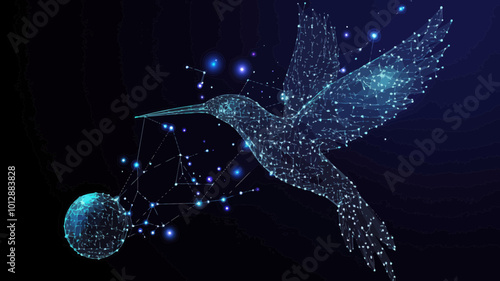 Abstract Colibri Hummingbird in Starry Sky, Wireframe Vector Concept with Space Elements, Planets, and Stars