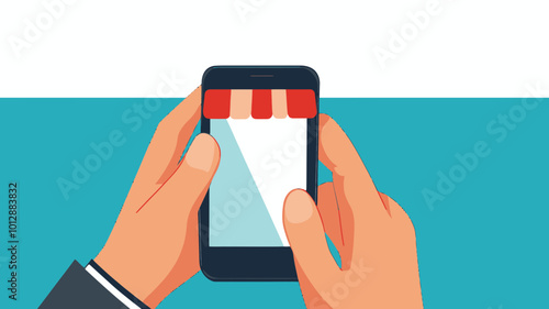 Hand Holding Smartphone Displaying Online Storefront Concept for E-commerce, Mobile Shopping, Digital Retail, Online Purchasing, Business Technology Illustration