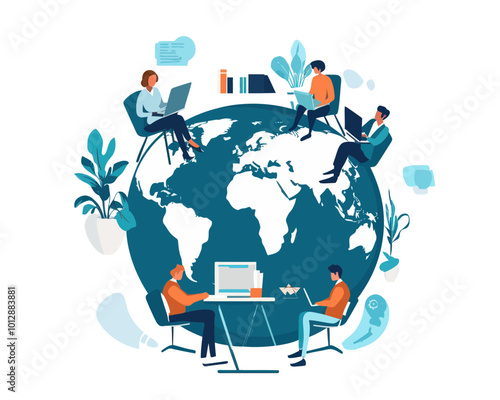 Global Remote Work Concept - Business People Collaborating Online from Different Locations Around World Map on Globe - Flat Minimalist SVG Vector