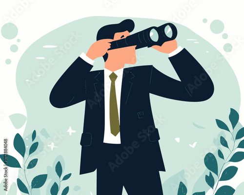 HR Recruitment Concept Businessman Searching for Job Candidates with Binoculars Flat Minimalist Vector