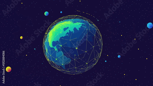 3D Low Poly Earth Globe in Outer Space with Connected Dots and Lines, Wireframe Mesh Planet and Moon, Vector Illustration for Cosmos and Solar System Exploration
