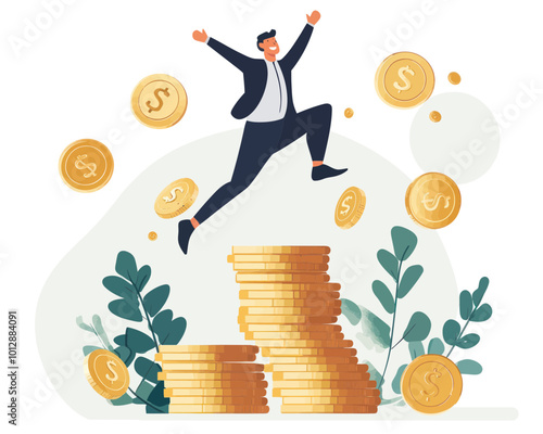Businessman Celebrating Financial Success with Growing Stack of Coins, Wealth and Profit Concept, Investment and Compound Interest, Flat Minimalist Vector