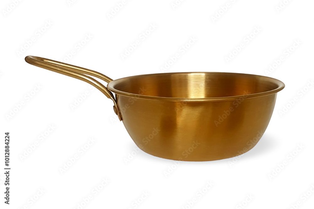 Empty golden sauce pan with handle mockup isolated on white background with clipping path. Close up side view. Empty brass or golden metal bowl. Mock up template for food poster design. Empty golden sauce pan with handle mockup isolated on white background with clipping path. Close up side view. Empty brass or golden metal bowl. Mock up template for food poster design.