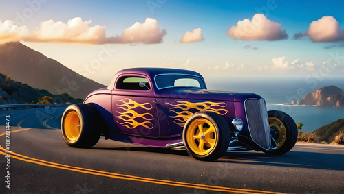 Obraz na płótnie Beautiful unique vintage hot rod car with fire, automotive background, tuning template, parked on road with ocean view w salonie