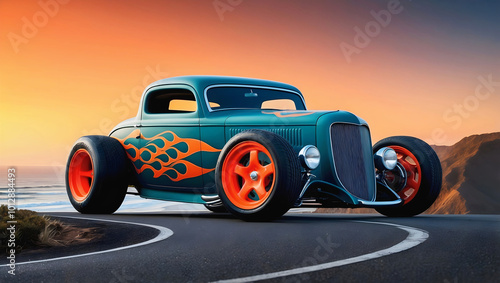 Obraz na płótnie Beautiful unique vintage hot rod car with fire, automotive background, tuning template, parked on road with ocean view w salonie