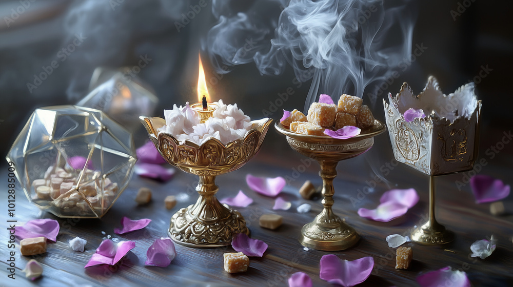 Golden candlesticks and sweets with rose petals on a wooden table Golden candlesticks and sweets with rose petals on a wooden table