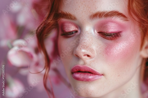 A woman with pink eye shadow and glitter on her face, generative ai image