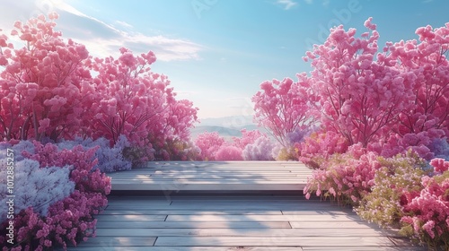 A white wooden platform sits in front of a field of pink and purple flowers with a mountain range in the background and the sun shining brightly.