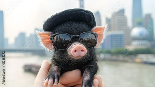 A close-up of an adorable piglet wearing sunglasses and a beret, held in a hand with a modern city skyline reflected in its sunglasses. A whimsical and stylish animal portrait with an urban touch.. AI photo