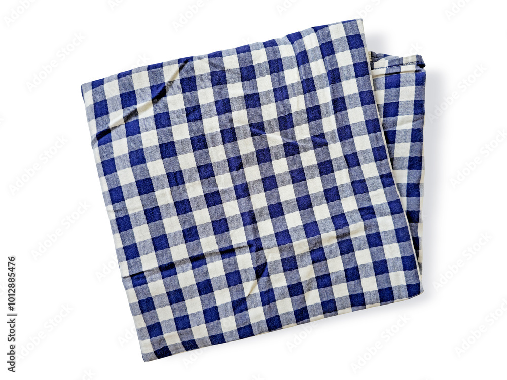 Navy blue checkered folded kitchen napkin isolated on white with clipping path. Top view, flat lay of picnic folded cloth for mockup with copy space. Gingham checked kitchen towel. Decoration element. Navy blue checkered folded kitchen napkin isolated on white with clipping path. Top view, flat lay of picnic folded cloth for mockup with copy space. Gingham checked kitchen towel. Decoration element.