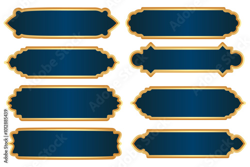 Islamic Ramadan golden frame. Arabic vector design with Turkish ornament and blue background. Arabesque ribbon sticker for tag banner and sale flyer.