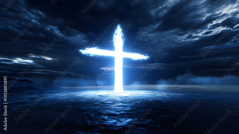 Obraz premium Minimalist Glowing Cross on Dark Ocean Background