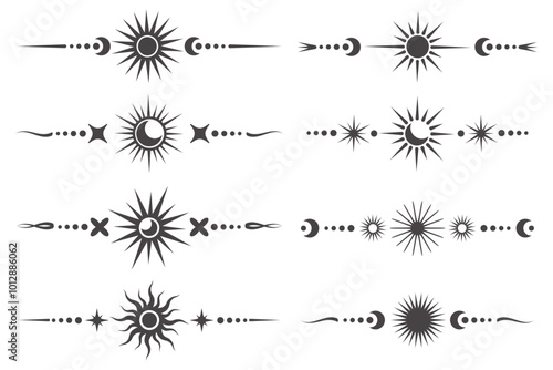 Celestial border with magic moon and mystic stars. Spiritual frame with fantasy elements. Vector astrology ornament with spiritual symbols of sun. Esoteric vintage minimal decoration