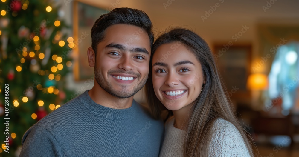 Man and a woman are smiling at the camera. The man is wearing a blue shirt. Young hispanic couple smiling happy and hugging holding engagement ring standing by christmas tree at home. Man and a woman are smiling at the camera. The man is wearing a blue shirt. Young hispanic couple smiling happy and hugging holding engagement ring standing by christmas tree at home.