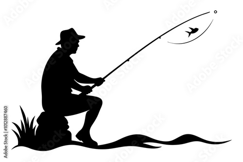 fisherman with a fishing rod, throws a fishing rod, fishing.vector image