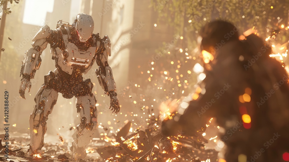 Fototapeta premium Futuristic Hostile AI Standoff - Ray Tracing Concept Art of Tense Humanoid Robot Interaction in Post-Apocalyptic Setting